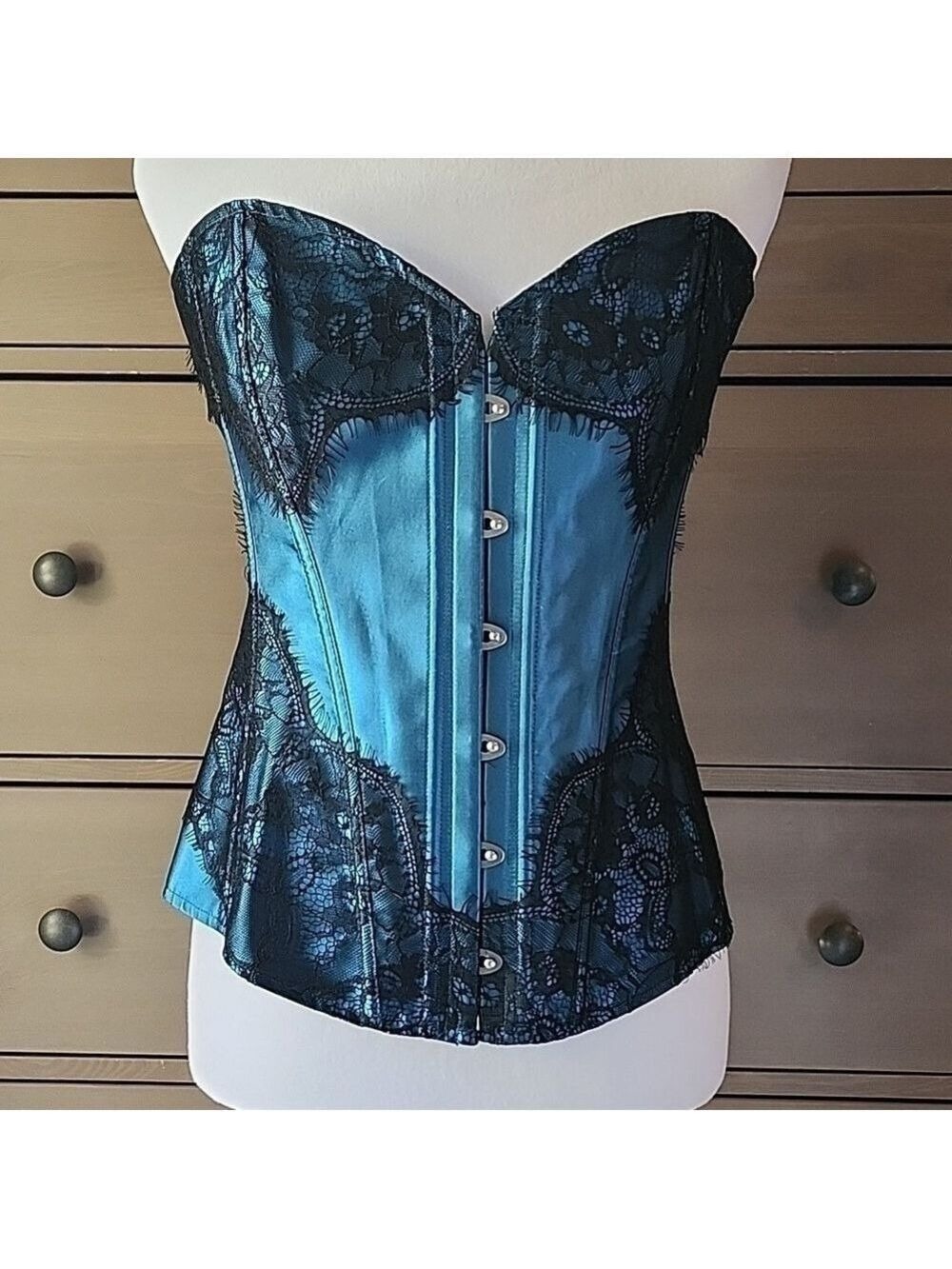 Adore Me BLUE SATIN AND BLACK LACE CORSET BONING , METAL FRONT HOOKS , LACE BACK